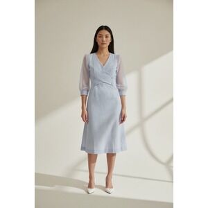 50s Dress VTG Blue Swiss Dot Crossover Wrap Look Office Preppy Secretary XS FLAW